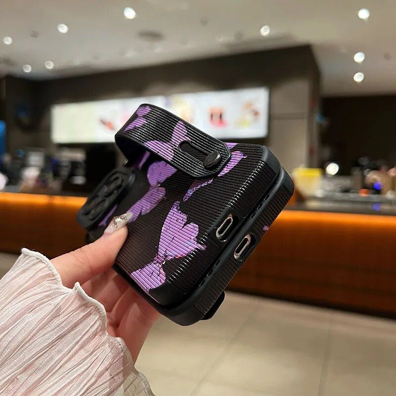 Protective Apple iPhone Back Cover - Black Purple Butterfly Bracelet Stand iPhone Textured Soft Case - Style 6