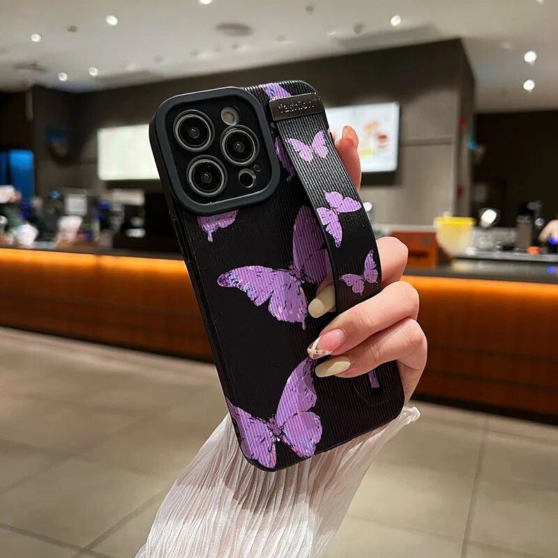 Protective Apple iPhone Back Cover - Black Purple Butterfly Bracelet Stand iPhone Textured Soft Case - Style 3