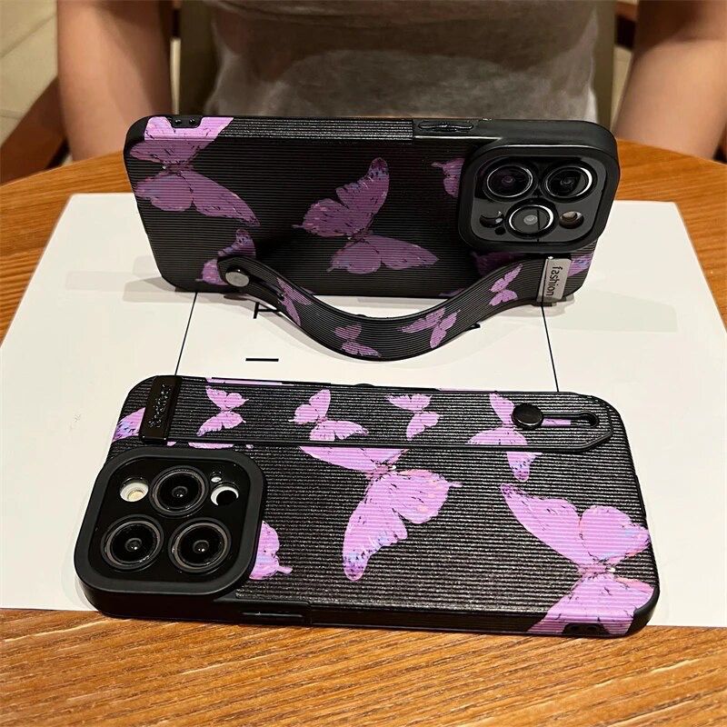 Protective Apple iPhone Back Cover - Black Purple Butterfly Bracelet Stand iPhone Textured Soft Case - Style 2