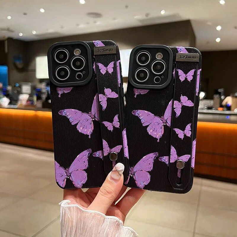 Protective Apple iPhone Back Cover - Black Purple Butterfly Bracelet Stand iPhone Textured Soft Case - Style 4