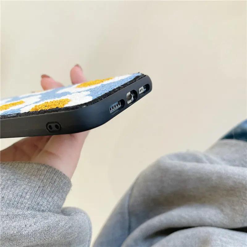 Blue Yellow Floral Flower Winter Fur Fabric Plush iPhone Silicone Case