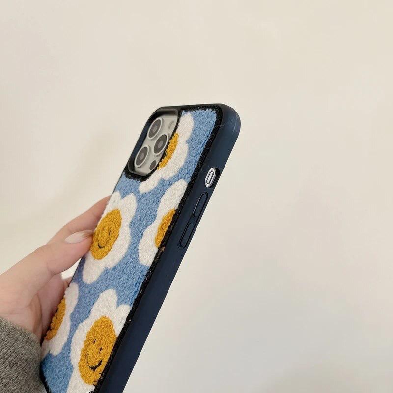 Protective Apple iPhone Back Cover - Blue Yellow Floral Flower Winter Fur Fabric Plush iPhone Silicone Case - Style 4