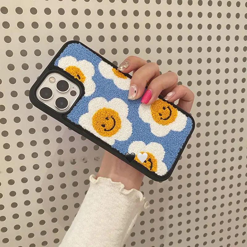 Blue Yellow Floral Flower Winter Fur Fabric Plush iPhone Silicone Case