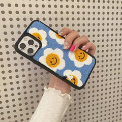 Blue Yellow Floral Flower Winter Fur Fabric Plush iPhone Silicone Case