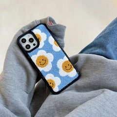 Blue Yellow Floral Flower Winter Fur Fabric Plush iPhone Silicone Case