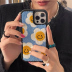 Protective Apple iPhone Back Cover - Blue Yellow Floral Flower Winter Fur Fabric Plush iPhone Silicone Case