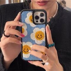 Blue Yellow Floral Flower Winter Fur Fabric Plush iPhone Silicone Case