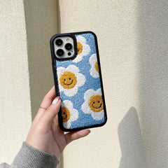 Blue Yellow Floral Flower Winter Fur Fabric Plush iPhone Silicone Case