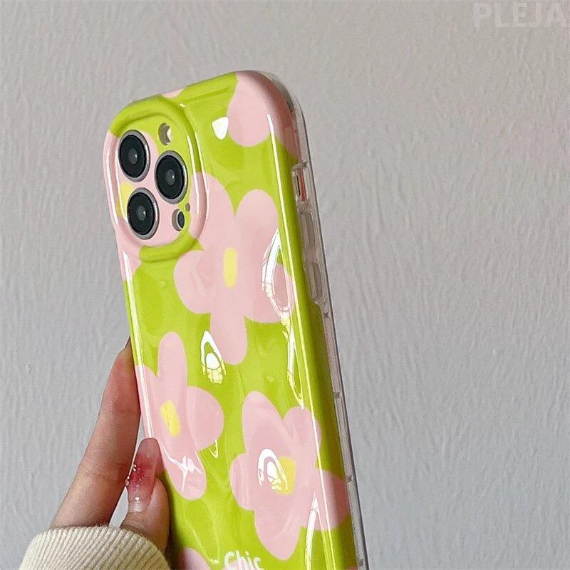 Protective Apple iPhone Back Cover - Cute Green Meteorite Chic Pink Floral Flower iPhone Silicone Soft Case - Style 5