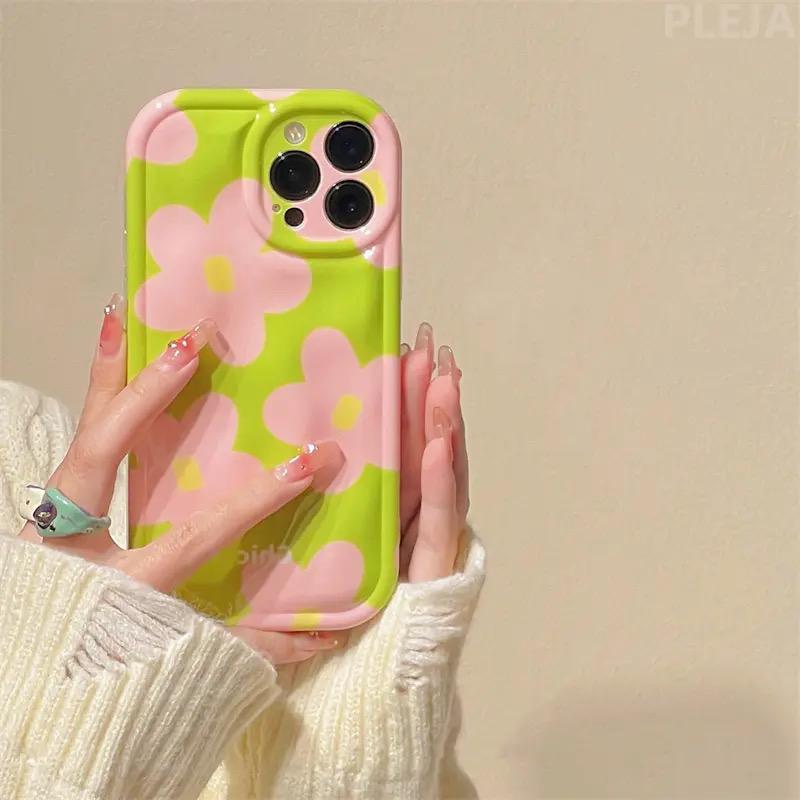 Protective Apple iPhone Back Cover - Cute Green Meteorite Chic Pink Floral Flower iPhone Silicone Soft Case - Style 3