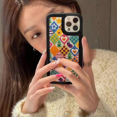 Cute 3D Plush Embroidery Fur Fabric Love Heart Grid iPhone Silicone Case