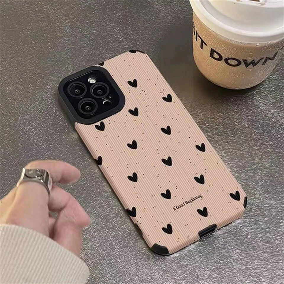 Protective Apple iPhone Back Cover - Pink Black Hearts iPhone Soft Black Textured Silicone Case - Style 2