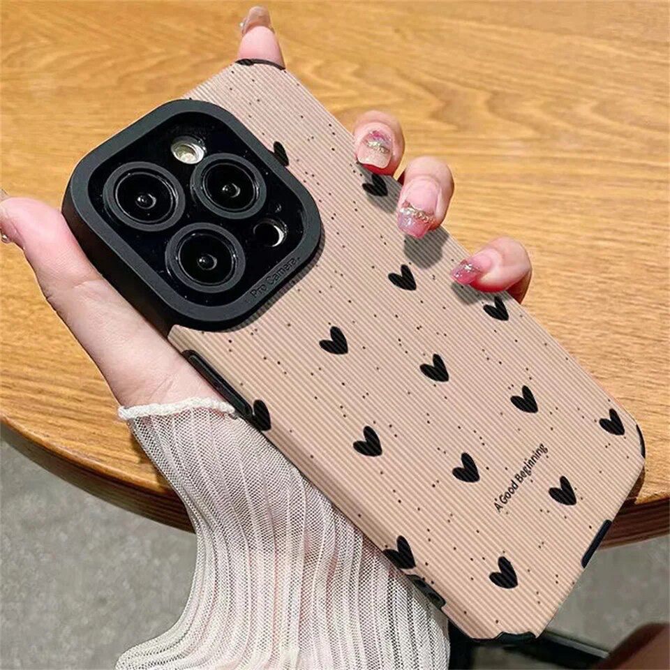 Protective Apple iPhone Back Cover - Pink Black Hearts iPhone Soft Black Textured Silicone Case - Style 6