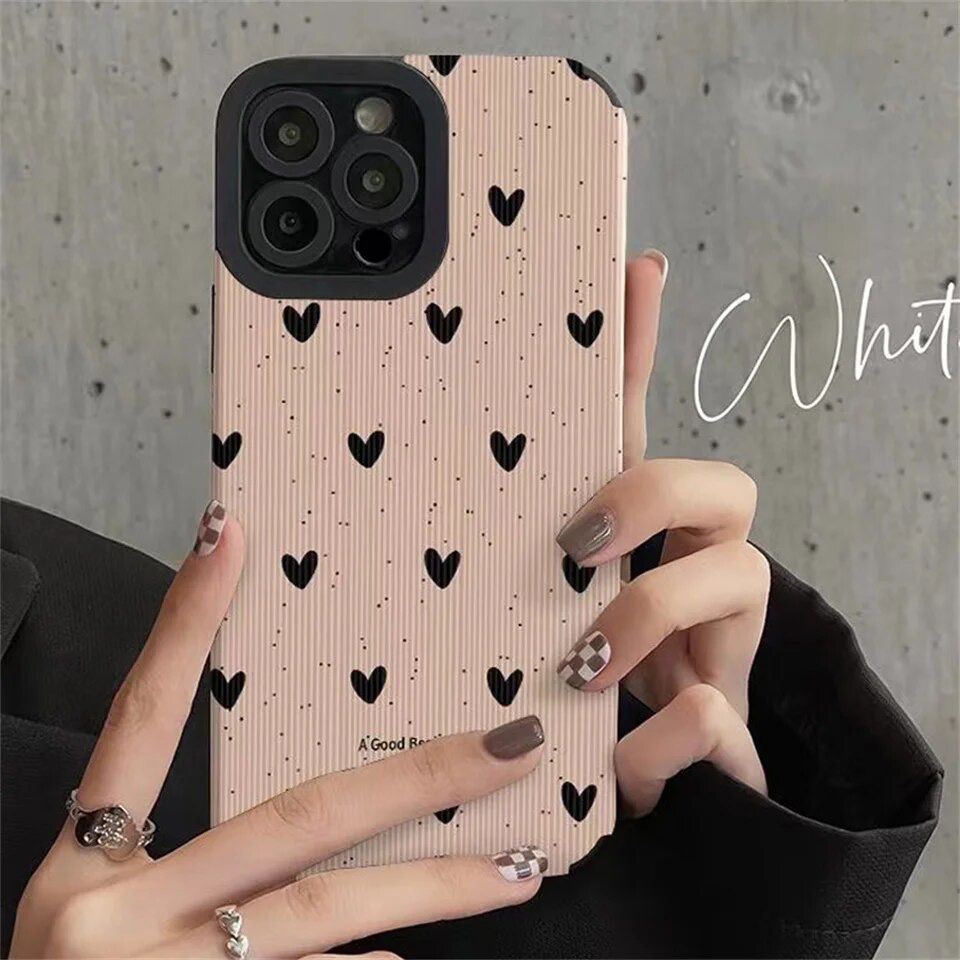 Protective Apple iPhone Back Cover - Pink Black Hearts iPhone Soft Black Textured Silicone Case