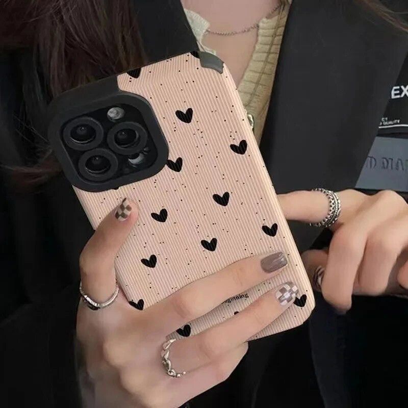 Pink Black Hearts iPhone Soft Black Textured Silicone Case