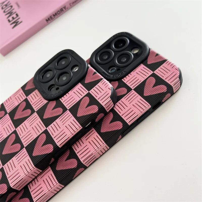 Pink Love Heart Plaid Textured iPhone Soft Silicone Case