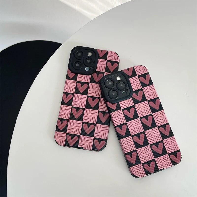 Protective Apple iPhone Back Cover - Pink Love Heart Plaid Textured iPhone Soft Silicone Case - Style 3