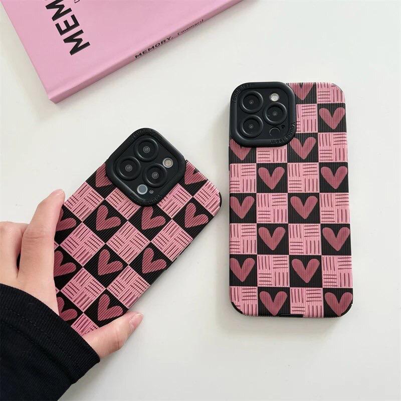 Protective Apple iPhone Back Cover - Pink Love Heart Plaid Textured iPhone Soft Silicone Case