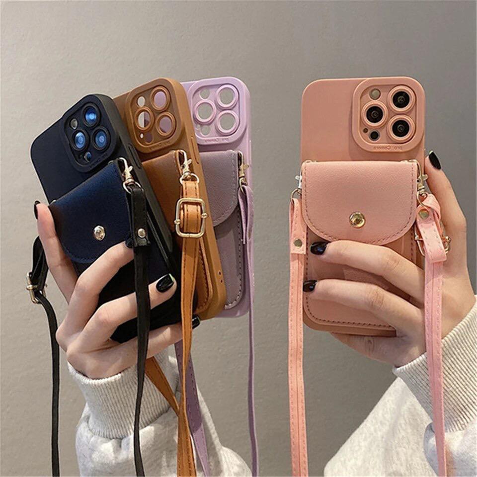 Protective Apple iPhone Back Cover - Crossbody Wallet iPhone Silicone Rubber Soft Case