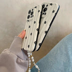Protective Apple iPhone Back Cover - 3D Wave Pattern Black Floral Flowers Lanyard Charm iPhone Soft Silicone Case - Style 7