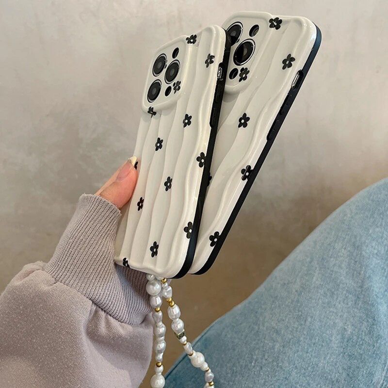 Protective Apple iPhone Back Cover - 3D Wave Pattern Black Floral Flowers Lanyard Charm iPhone Soft Silicone Case - Style 7