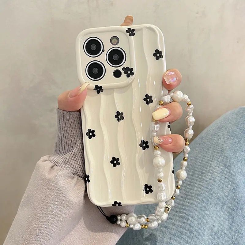 Protective Apple iPhone Back Cover - 3D Wave Pattern Black Floral Flowers Lanyard Charm iPhone Soft Silicone Case