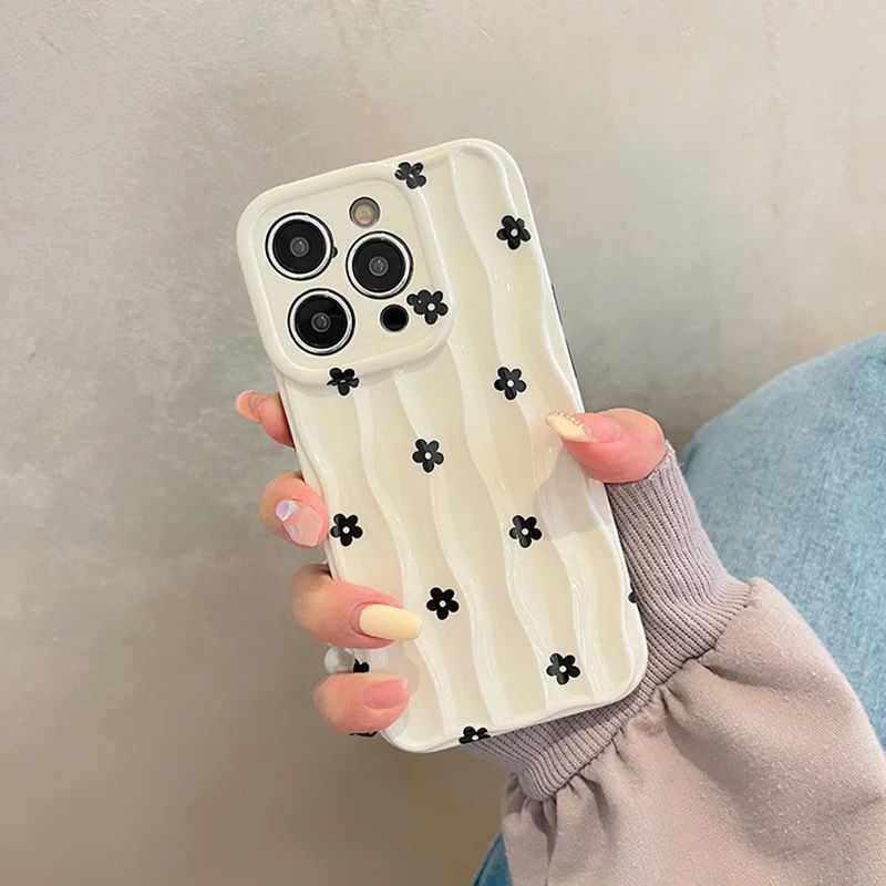 Protective Apple iPhone Back Cover - 3D Wave Pattern Black Floral Flowers Lanyard Charm iPhone Soft Silicone Case - Style 5