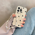 Protective Apple iPhone Back Cover - 3D Wave Pattern Black Floral Flowers Lanyard Charm iPhone Soft Silicone Case - Style 3
