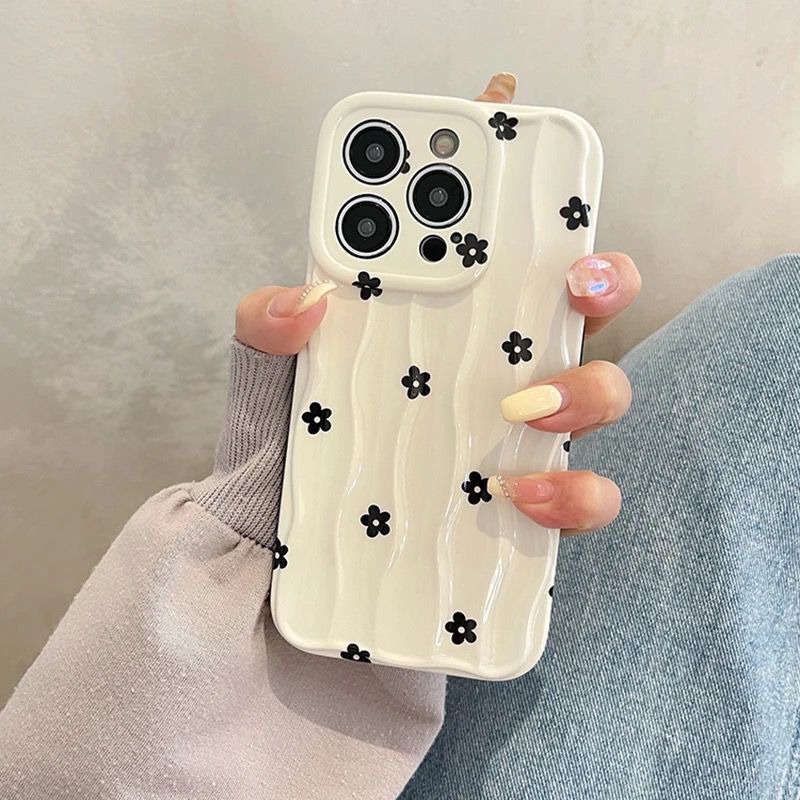 Protective Apple iPhone Back Cover - 3D Wave Pattern Black Floral Flowers Lanyard Charm iPhone Soft Silicone Case - Style 4