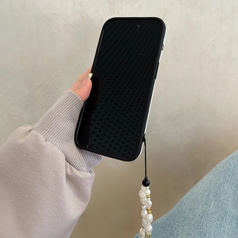 Protective Apple iPhone Back Cover - 3D Wave Pattern Black Floral Flowers Lanyard Charm iPhone Soft Silicone Case - Style 2