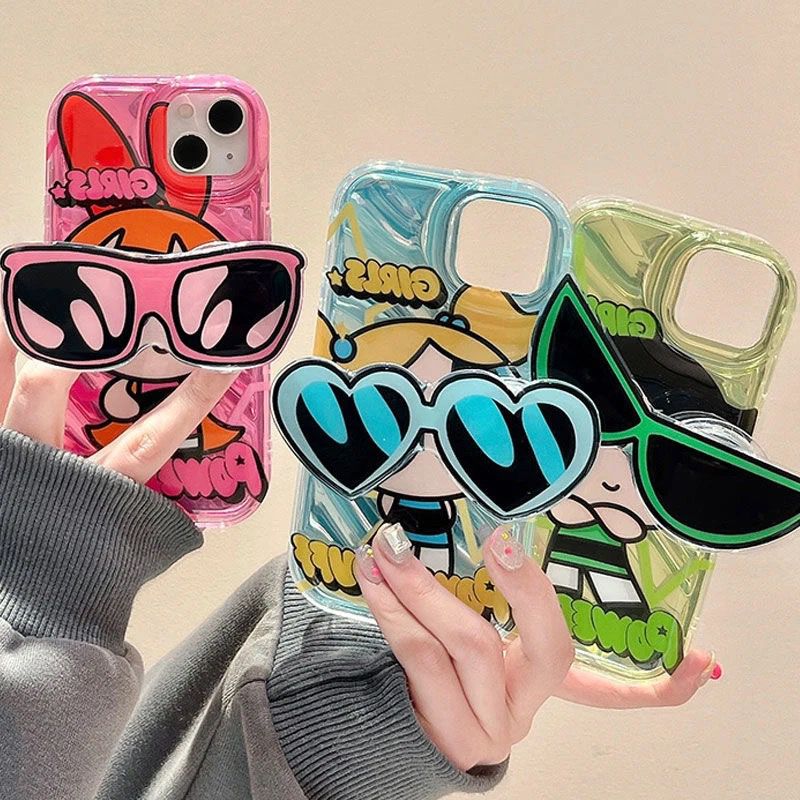 Protective Apple iPhone Back Cover - Powerpuff Girls With Sunglasses Bracket Phone Holders iPhone Soft Case
