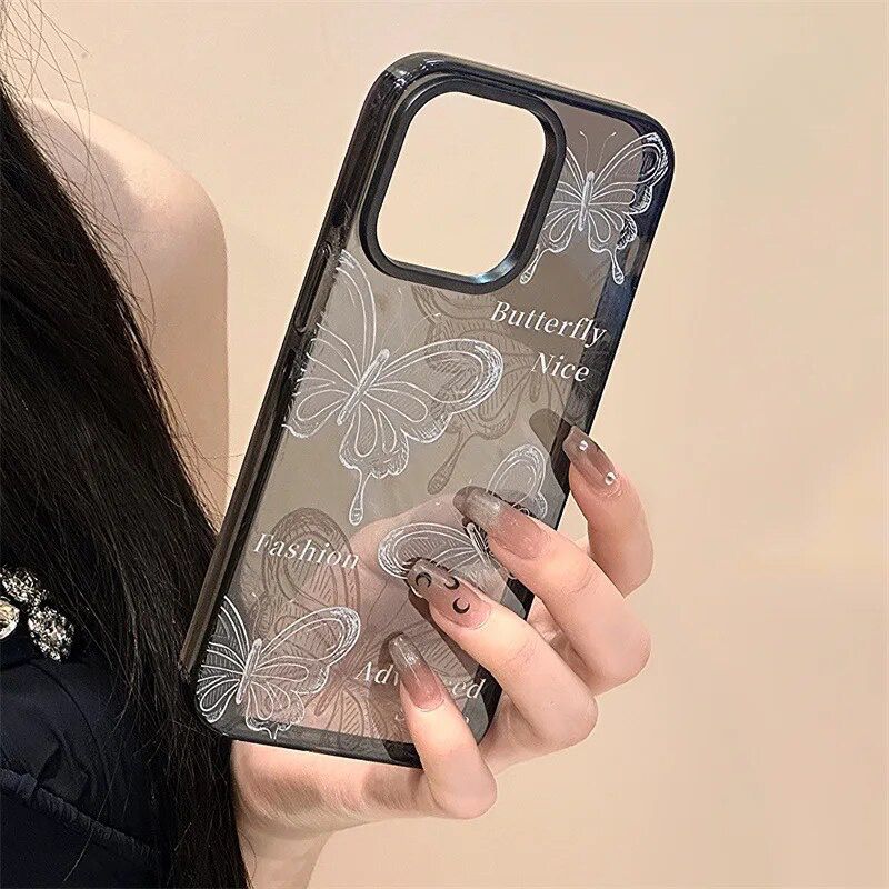Protective Apple iPhone Back Cover - B/W Butterfly With Lanyard Charm Bracelet iPhone Soft Case - Style 2