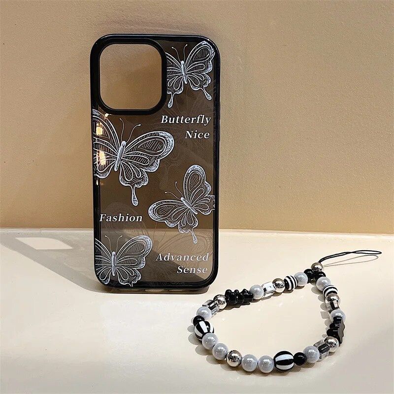 Protective Apple iPhone Back Cover - B/W Butterfly With Lanyard Charm Bracelet iPhone Soft Case - Style 3
