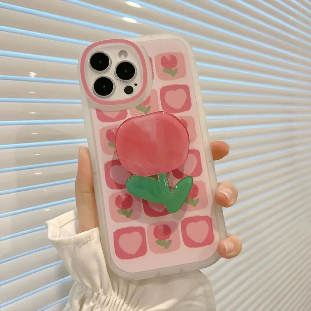 Protective Apple iPhone Back Cover - New Pink Tulip Holder iPhone Soft Silicone Case - Style 3