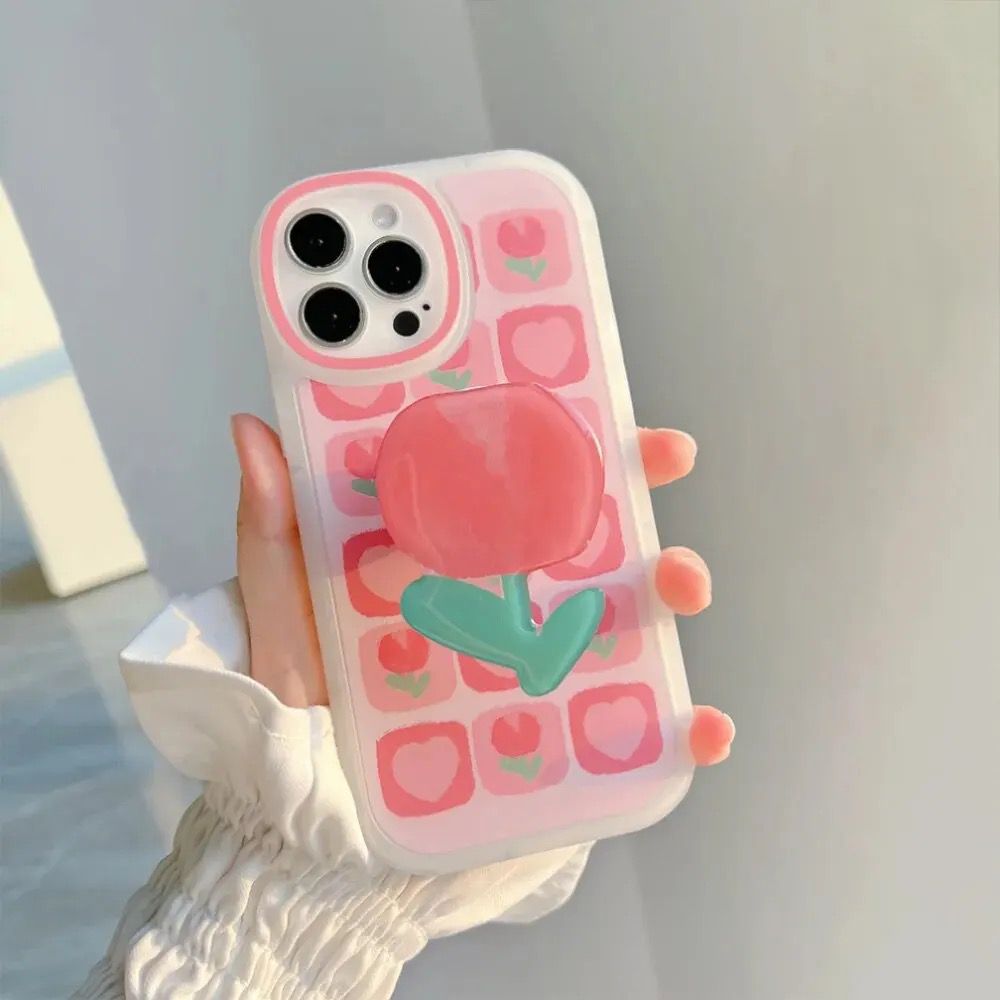 Protective Apple iPhone Back Cover - New Pink Tulip Holder iPhone Soft Silicone Case