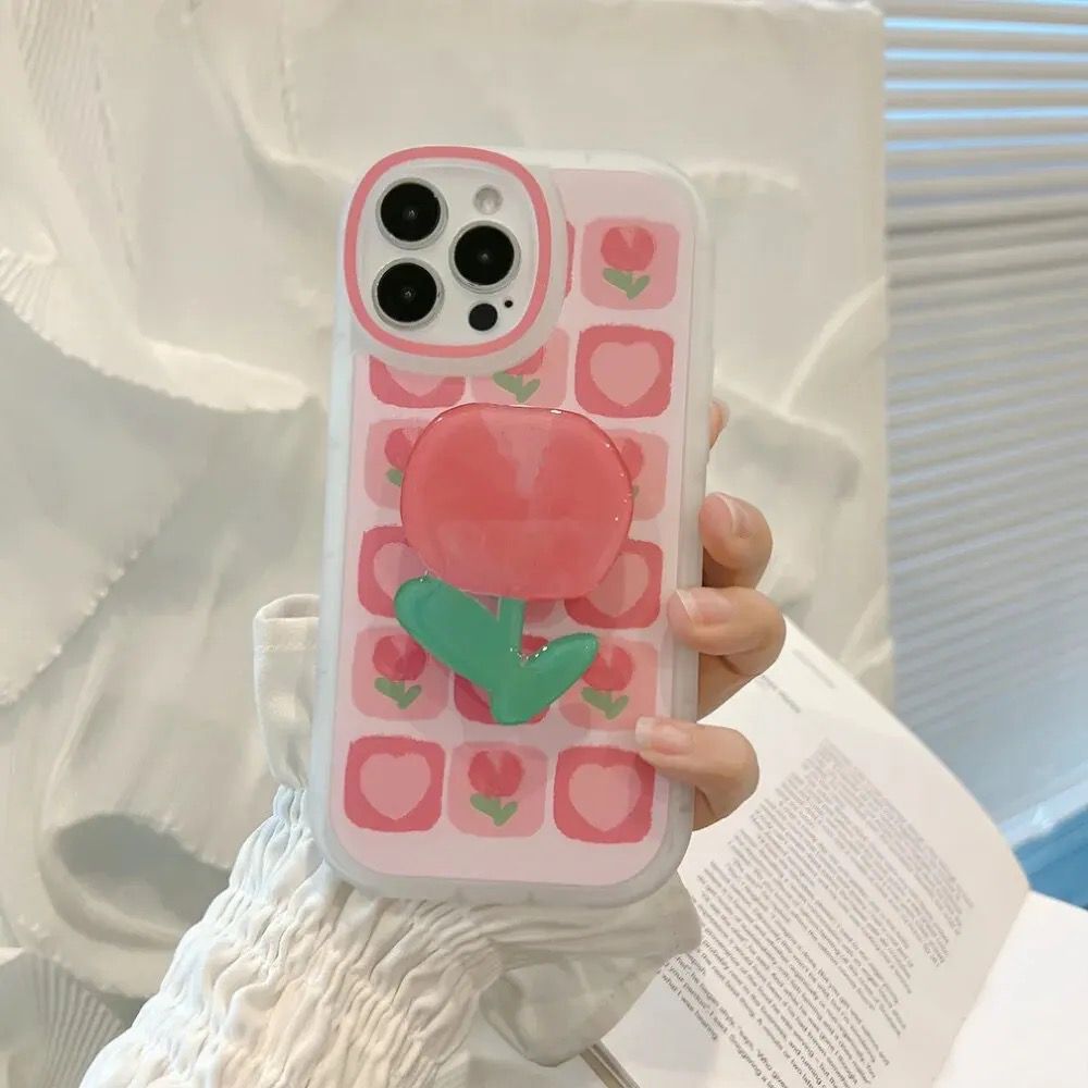 Protective Apple iPhone Back Cover - New Pink Tulip Holder iPhone Soft Silicone Case - Style 4