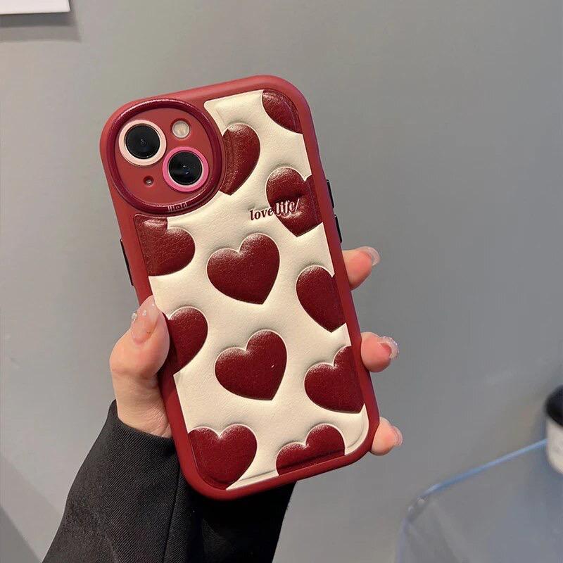 Protective Apple iPhone Back Cover - Red Hearts Leather Sponge iPhone Soft Silicone Case - Style 2