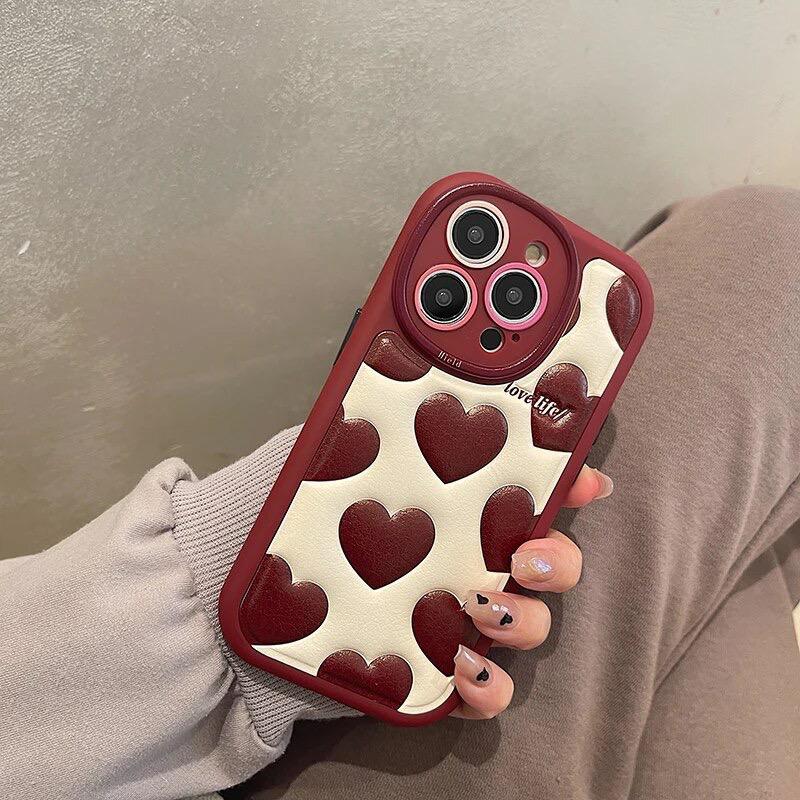 Protective Apple iPhone Back Cover - Red Hearts Leather Sponge iPhone Soft Silicone Case - Style 3