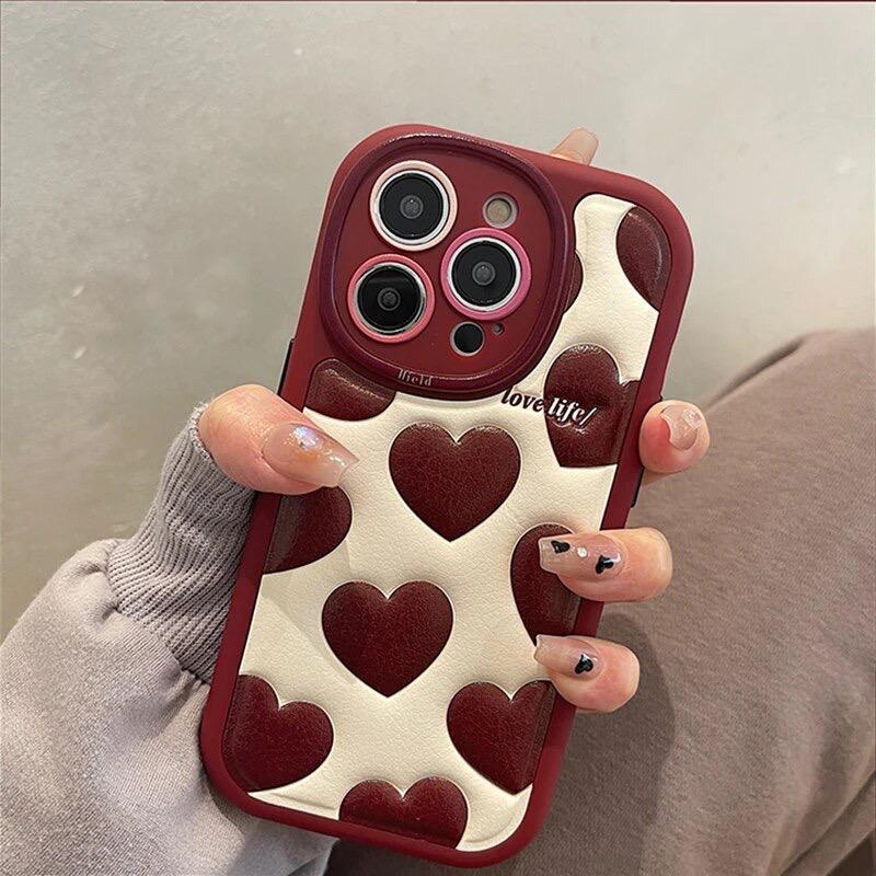 Protective Apple iPhone Back Cover - Red Hearts Leather Sponge iPhone Soft Silicone Case