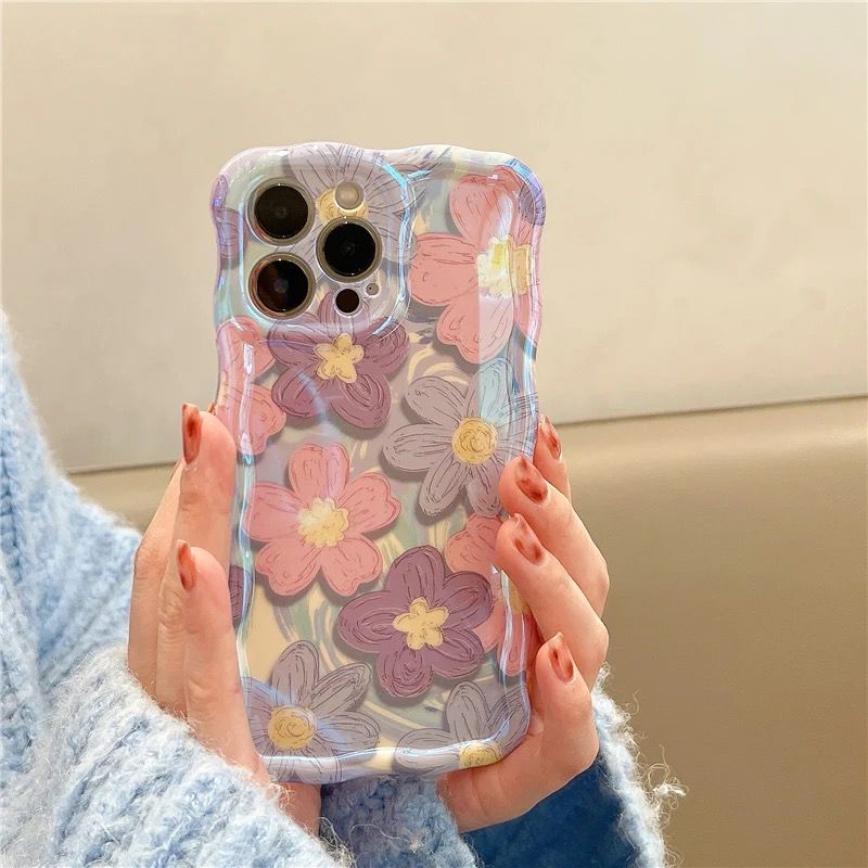 Protective Apple iPhone Back Cover - Purple Laser Floral Flowers Holographic iPhone Soft Silicone Case