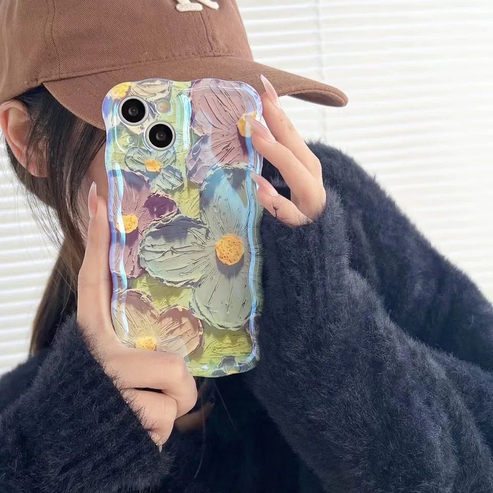 Protective Apple iPhone Back Cover - Blue Green Laser Floral Flowers Holographic iPhone Soft Silicone Case