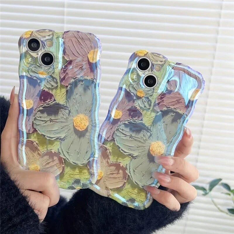Protective Apple iPhone Back Cover - Blue Green Laser Floral Flowers Holographic iPhone Soft Silicone Case - Style 4