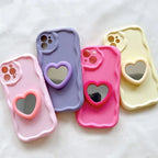 Protective Apple iPhone Back Cover - New Wavy Edge With Heart Mirror Phone Stand Holder iPhone & Samsung Silicone Soft Case
