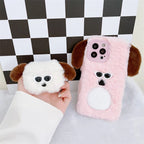 Protective Apple iPhone Back Cover - Pink White iPhone 14 Fur Plush Matching Soft Case & Airpod Pro Set