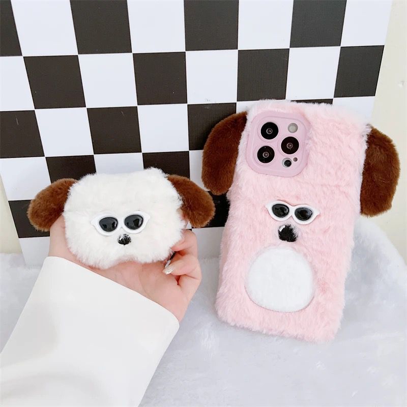 Protective Apple iPhone Back Cover - Pink White iPhone 14 Fur Plush Matching Soft Case & Airpod Pro Set