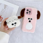 Protective Apple iPhone Back Cover - Pink White iPhone 14 Fur Plush Matching Soft Case & Airpod Pro Set - Style 2