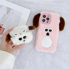 Pink White iPhone 14 Fur Plush Matching Soft Case & Airpod Pro Set