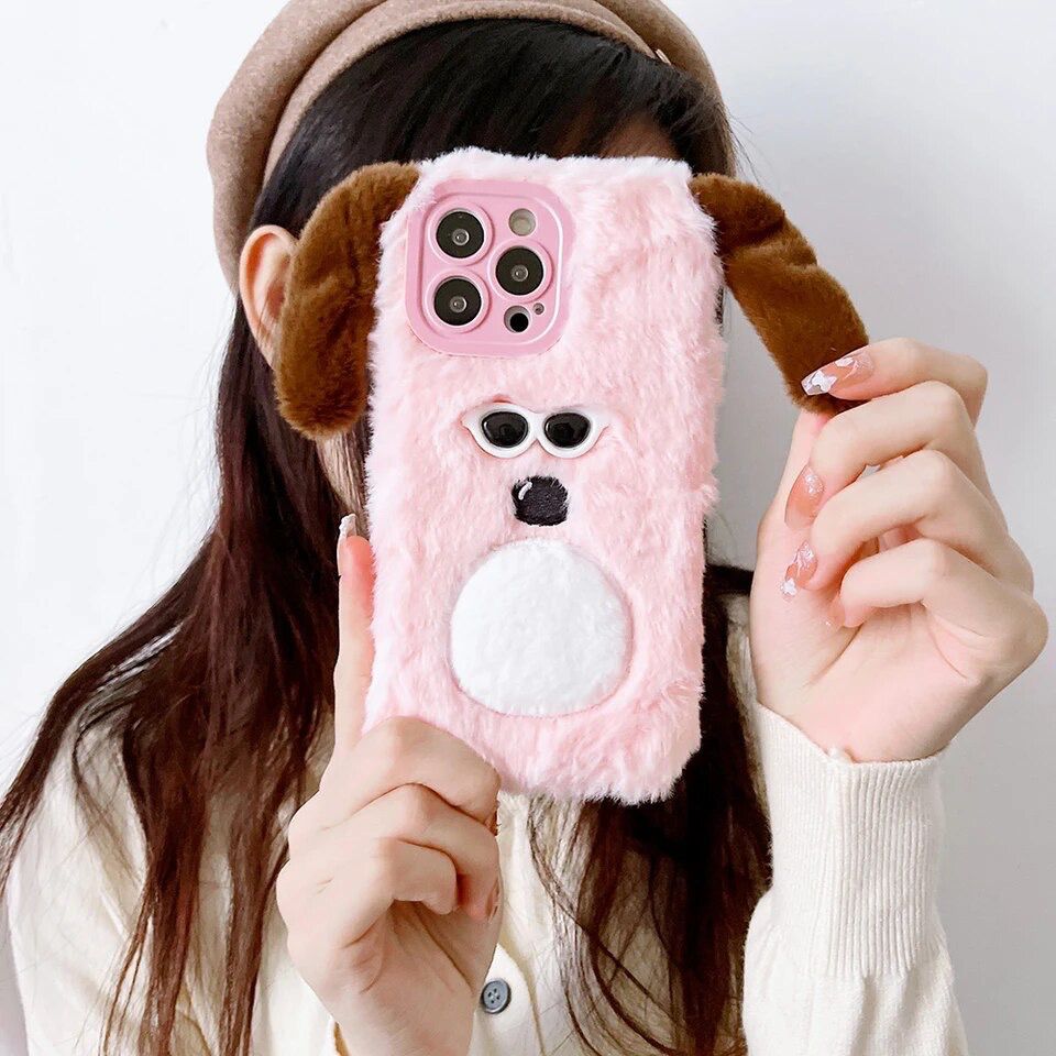 Protective Apple iPhone Back Cover - Pink White iPhone 14 Fur Plush Matching Soft Case & Airpod Pro Set - Style 3
