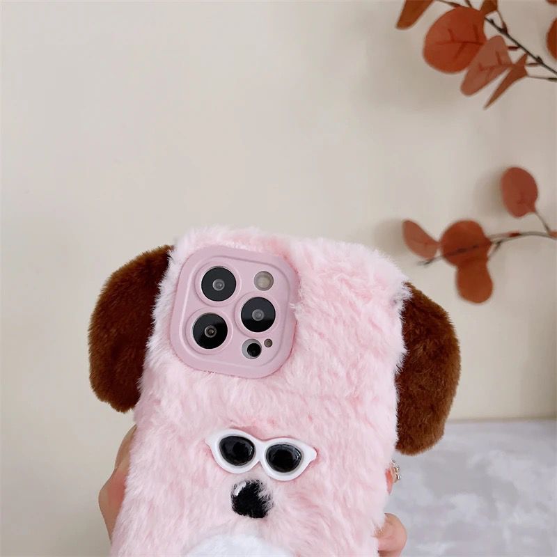 Protective Apple iPhone Back Cover - Pink White iPhone 14 Fur Plush Matching Soft Case & Airpod Pro Set - Style 4