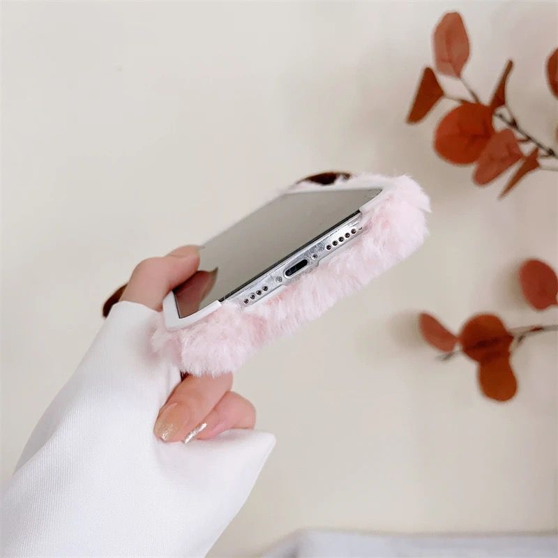 Protective Apple iPhone Back Cover - Pink White iPhone 14 Fur Plush Matching Soft Case & Airpod Pro Set - Style 5